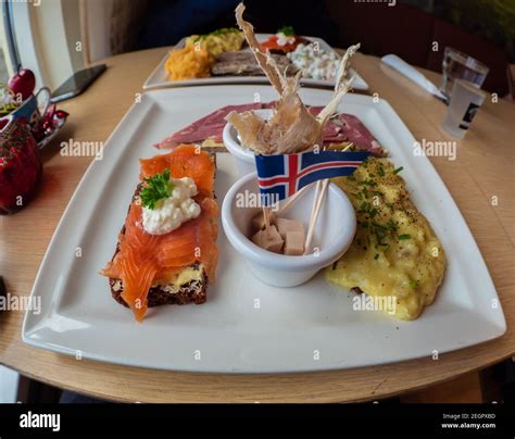 Icelandic food sample platter with fermented shark, dried fish, smoked ...