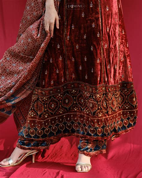 Ajrakh hand block printed velvet silk panel cut salwar set with cutbea ...
