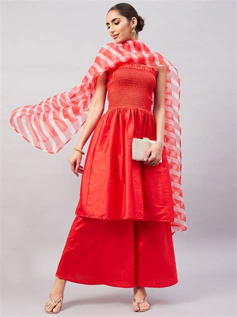 Red Off Shoulder Kurta Set W Red Leh Organza Dupatta - InWeave