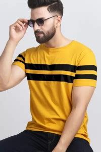 FARBOT Striped Men Round Neck Yellow T-Shirt - Buy FARBOT Striped Men ...