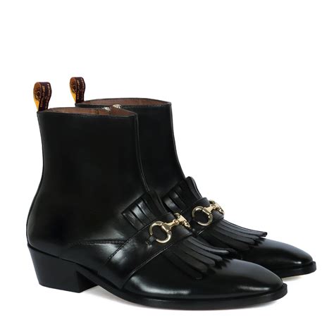 Cuban Heel Men Boots with Black Sleek Toe Fringes Horse-bit Buckle by