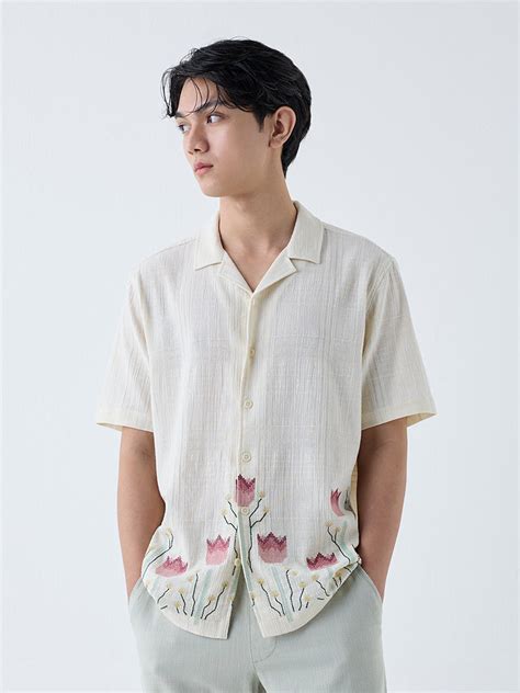 Buy ETA Off-White Floral Embroidered Relaxed-Fit Cotton Shirt from Westside
