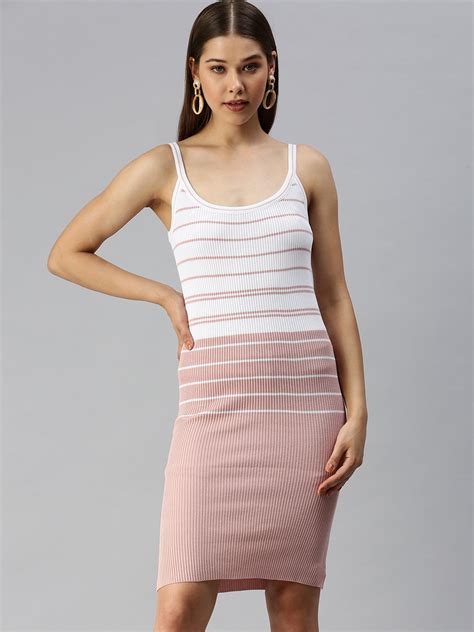 SHOWOFF Women's Shoulder Straps Stripes Bodycon Peach Dress