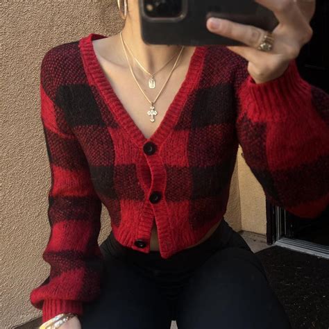 Wild Fable Women's Red and Black Cardigan | Depop