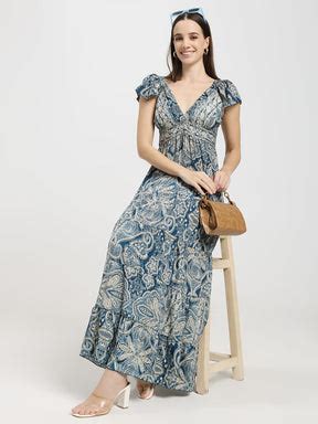 Multi-Tier Deep V Neck Cap Sleeves Boho Printed Maxi Dress in Boho Bre