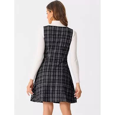 Overall Pinafore Dress for Women's U Neck Plaid Tweed Dress