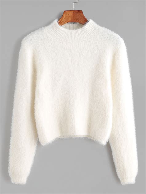 White Crew Neck Crop Fuzzy Sweater -SheIn(Sheinside)
