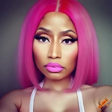 Portrait of Nicki Minaj with pink hair and eyeliner in a selfie on Craiyon