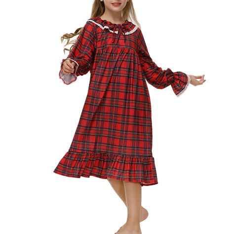 Fancifize Girls' Flannel Nightgown - Ruffled Plaid Sleep Dress Long ...