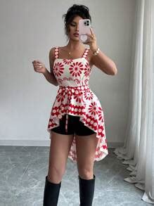 SHEIN Clasi Women's Sleeveless Printed Cinched Waist Design High Low ...