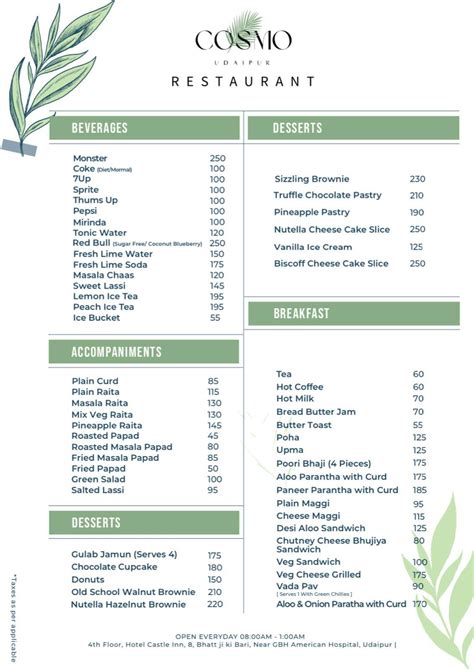 Menu at Cosmo Bar & Bistro, Udaipur