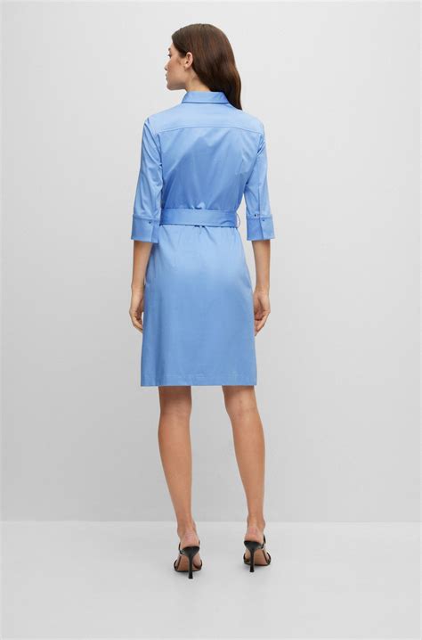 BOSS - Belted shirt dress in stretch cotton - Light Blue