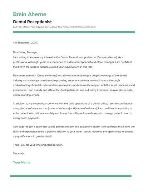 Best Dental Receptionist Cover Letter Example for 2023