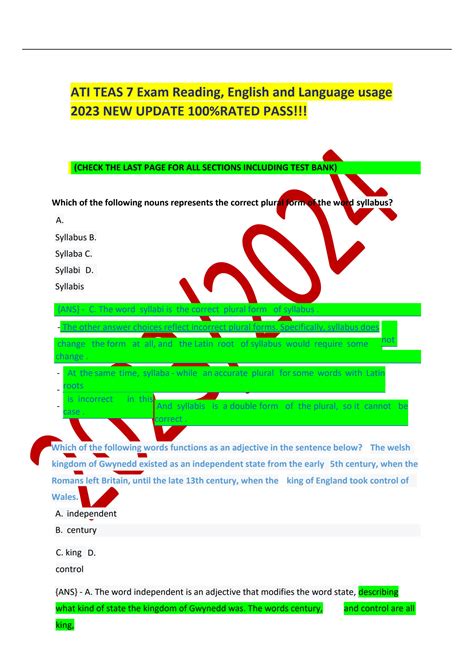 SOLUTION: Ati teas 7 exam reading english and language usage 2023 new ...