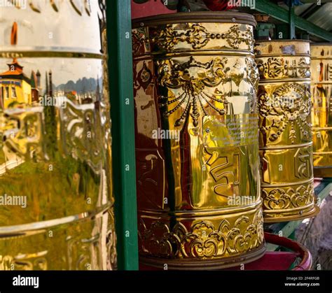 Mörön, Mongolia - August 17, 2019: Copper prayer rolls at a Buddhist ...