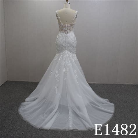 Simple Spaghetti Strap Mermaid Lace Flower Hand Made Bridal Dress