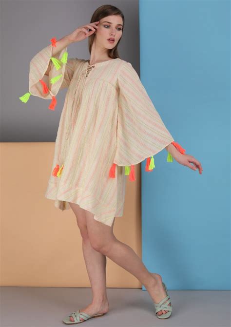 neon stripe tie up dress. made in natural fibre