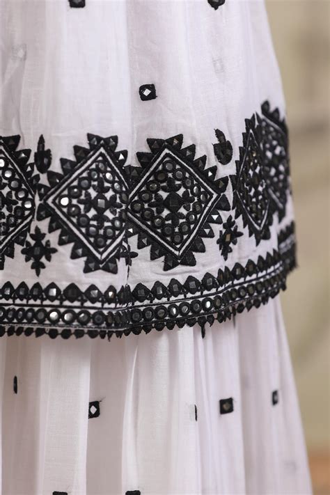 Shop White-Black Mulmul Mirror Embroidered Tiered Dress With Shrug ...