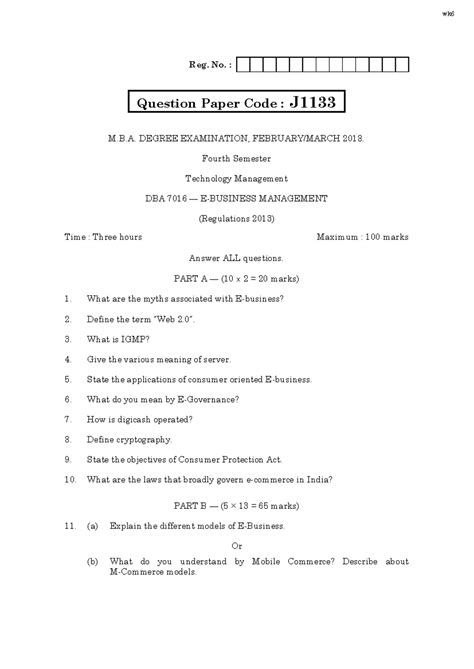 DBA 7016 - E-Business Management Previous Years Question Paper - Studocu