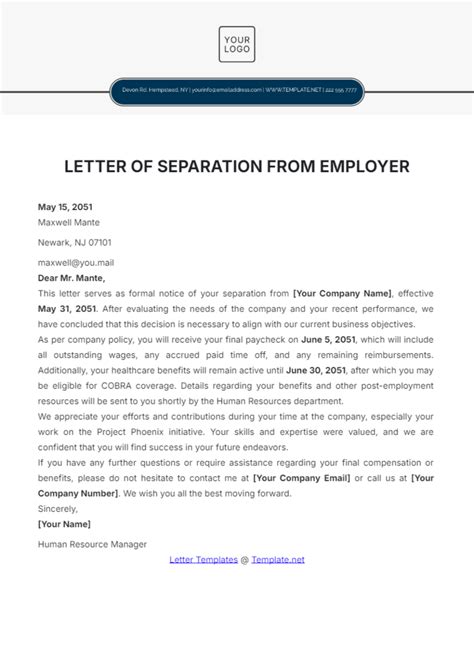 Separation Of Employment Letter Template