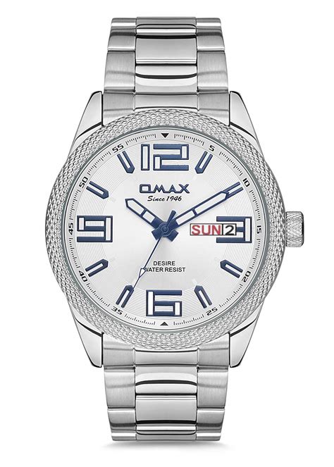 Omax Day Date Analog Quartz Silver Dial Men s Watch with Blue Hands and ...