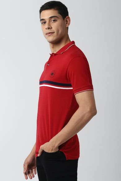 Buy Men Red Stripe Polo Neck Polo T-Shirts Online - 573668 | Peter England