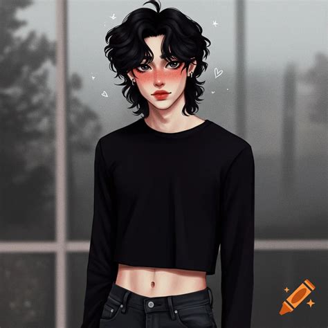 Tall, skinny white male with black crop top, dark jeans and fluffy black hair. on Craiyon