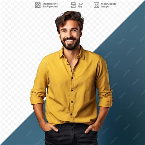 Premium PSD | A man with a yellow shirt that says " he is smiling