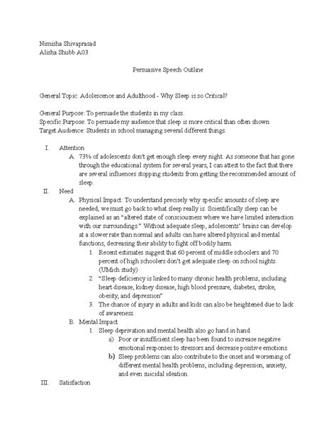 Persuasive Speech Outline - Nimisha Shivaprasad Alisha Shubb A ...