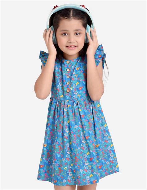 Blue Floral Print Girls Dress - koochi Poochi