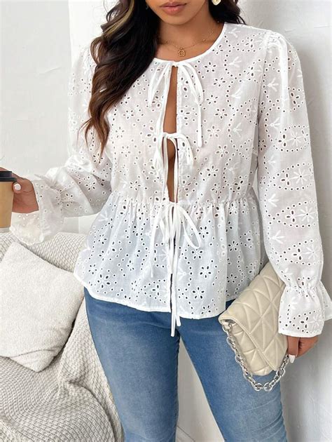 SHEIN Frenchy Plus Size Women Hollow-Out Embroidery Bowknot Design Long ...