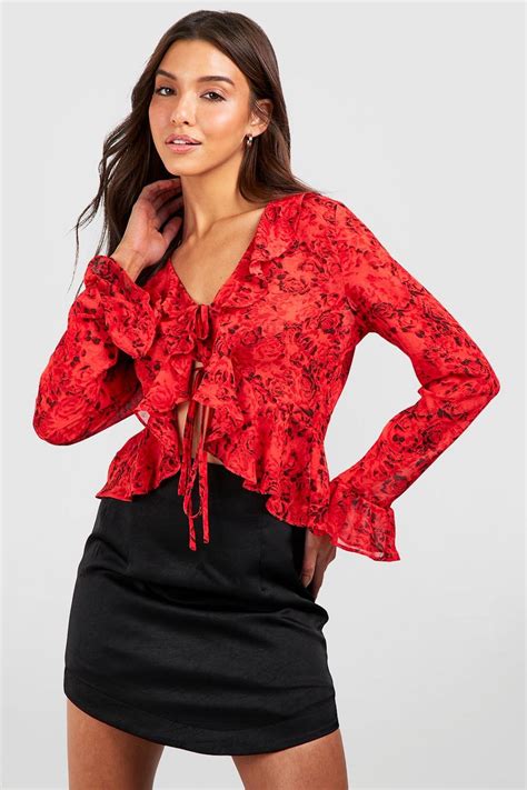 Rose Ruffle Tie Front Blouse | boohoo UK