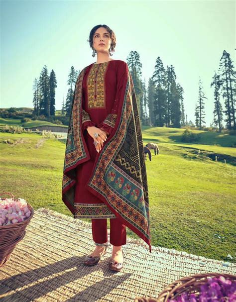 Woolen Pashmina Maroon Winter Unstitched Suits With shawl – Stilento