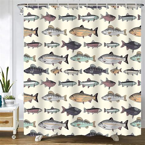 Amazon.com: Abaysto Fish Shower Curtain Blue Vintage Fishes Drawing ...