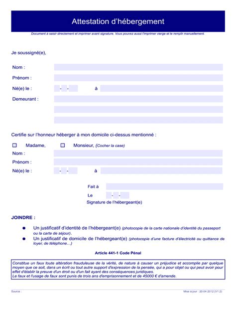FR Attestation Dhebergement Formulaire - Remplir en ligne, Imprimé ...