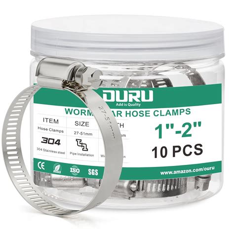 OURU 10PCS Hose Clamps Stainless Steel Adjustable 1"–2"(27-51mm) Worm ...
