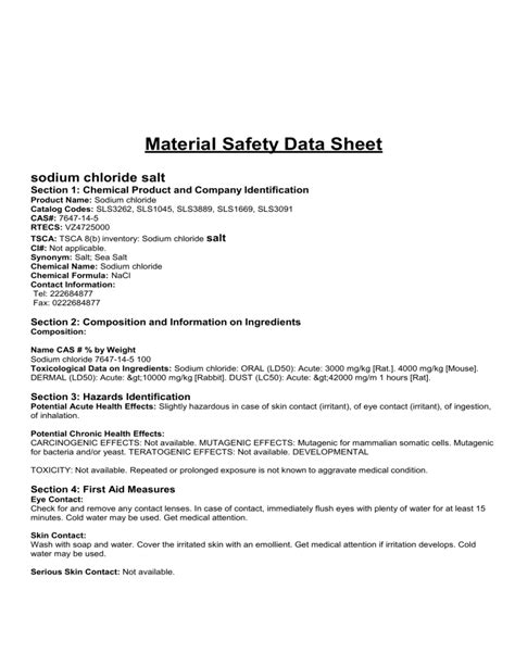 Sodium Chloride MSDS: Safety Data Sheet