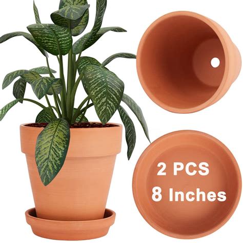 vensovo 8 Inch Clay Pot for Plant with Saucer - 2 Pack Large Terra ...