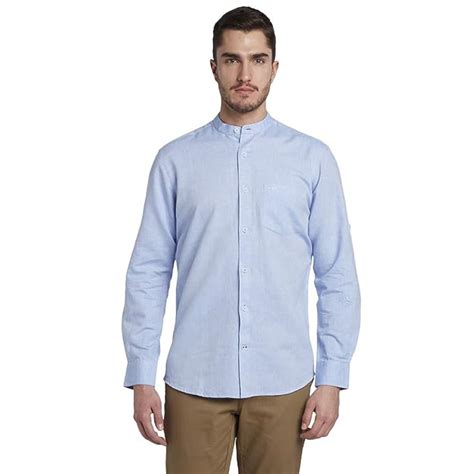 Buy Colorplus Solid Medium Blue Slim Fit Mandarin Collar Full Sleeve ...