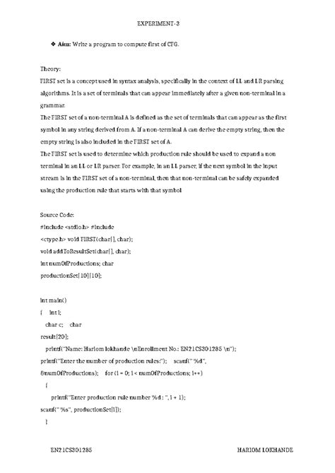 CD - CFG FIRST Set Computation Experiment Notes - Studocu