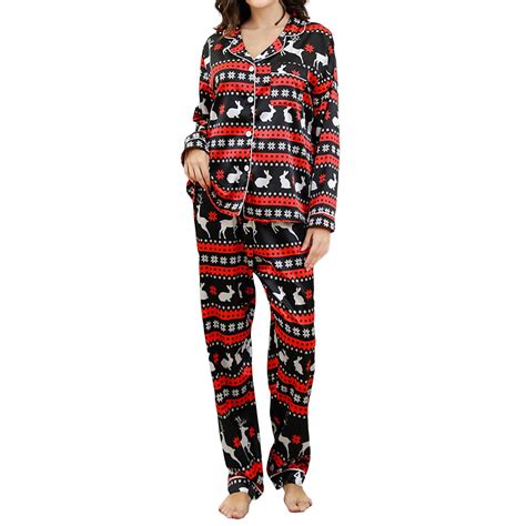 Women Christmas 2Pcs Pajamas Satin Gingerbread Man/Santa Print Long ...
