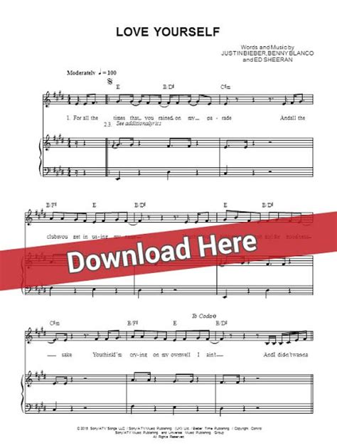 Free Score: Justin Bieber Love Yourself Sheet Music, Piano Notes, Chords