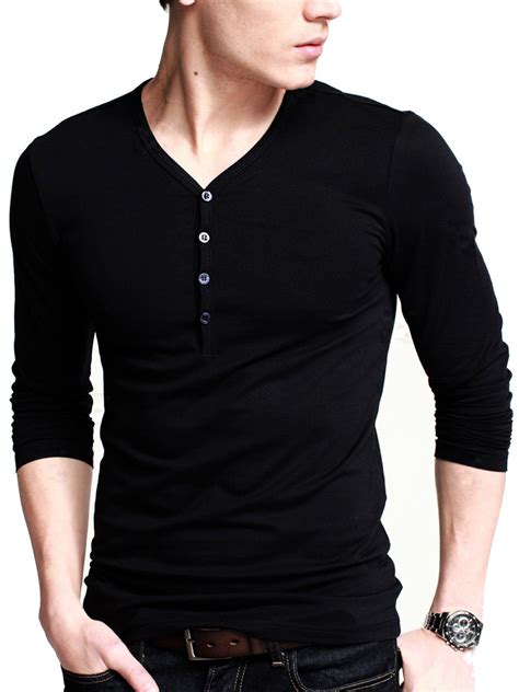 4HOW Mens Henley Long Sleeve Tshirt Slim Fit Black Size M | Long sleeve ...