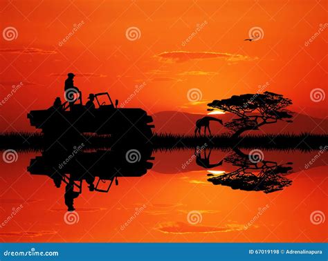 Jeep safari at sunset stock illustration. Illustration of acacia - 67019198