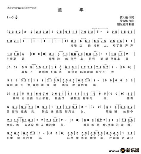《童年简谱》最新曲谱(罗大佑)-罗大佑钢琴谱吉他谱|www.xinyuepu.com-新乐谱