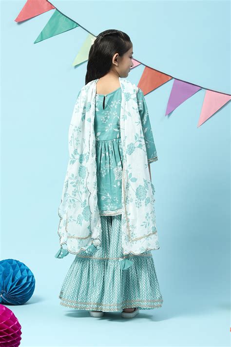 Sea Green Cotton Flared Kurta Garara Suit Set
