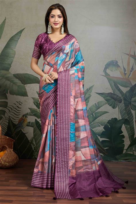 Purple Silk Blend Saree with Geometric Print