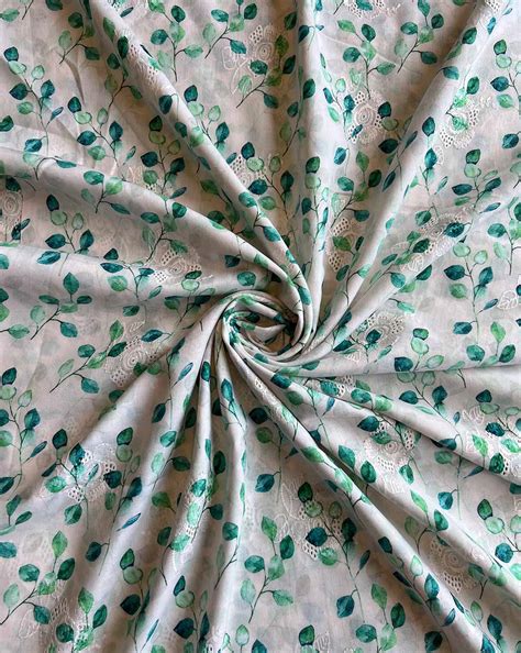 White Cotton Embroidered Fabric with Rama Leaf Print – Lavanya India