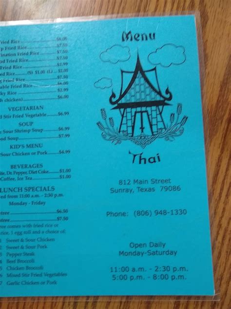 Menu at Thai Country Cafe, Sunray