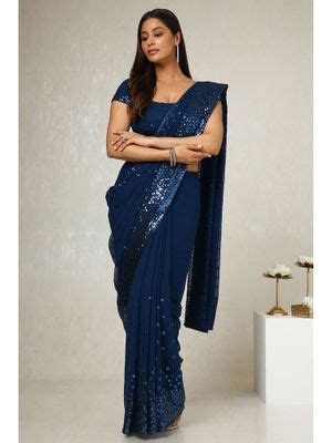 Buy Soch Women'S Blue Georgette Embellished Saree with Unstitched Online
